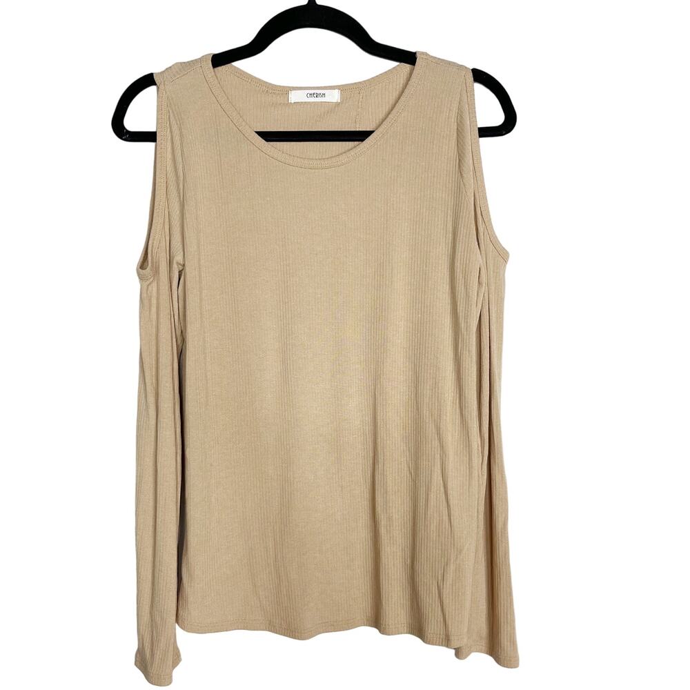 New Cherish Medium M Taupe Peach Open Back Cold Shoulder Long Sleeve Tee Tshirt